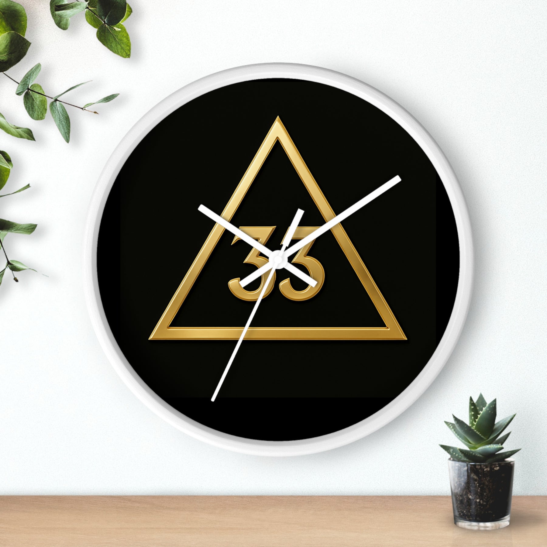 33rd Degree Scottish Rite Clock - Golden Triangle 33 Emblem on Wood Frame - Bricks Masons