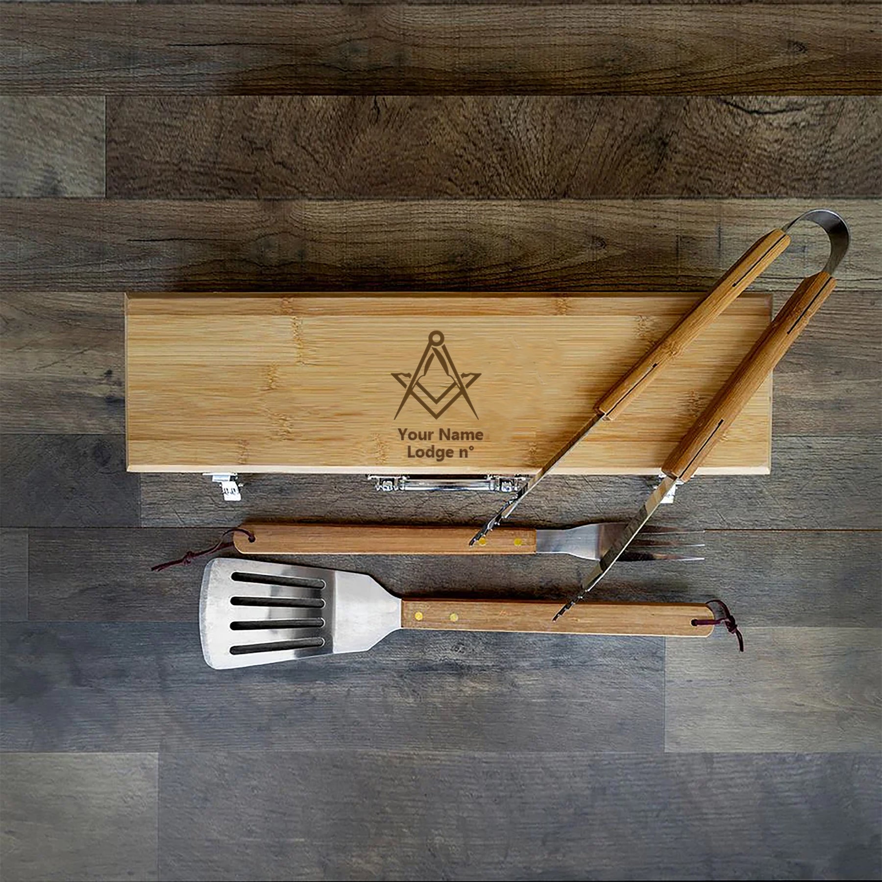 Master Mason Blue Lodge Grill Tool - BBQ Set & Bamboo Case - Bricks Masons