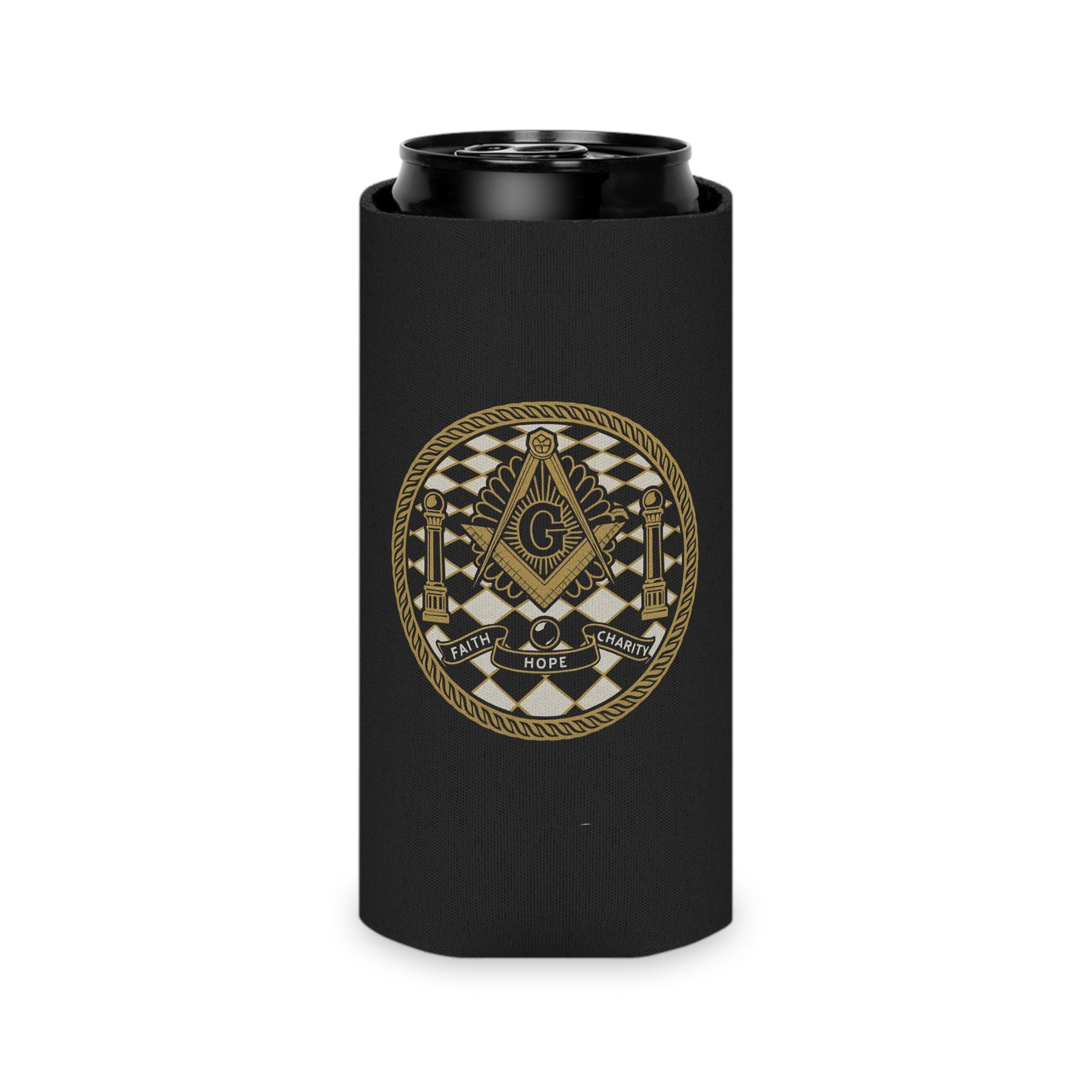 Master Mason Blue Lodge Can Cooler - Faith Hope Charity Gold Square & Compass - Bricks Masons