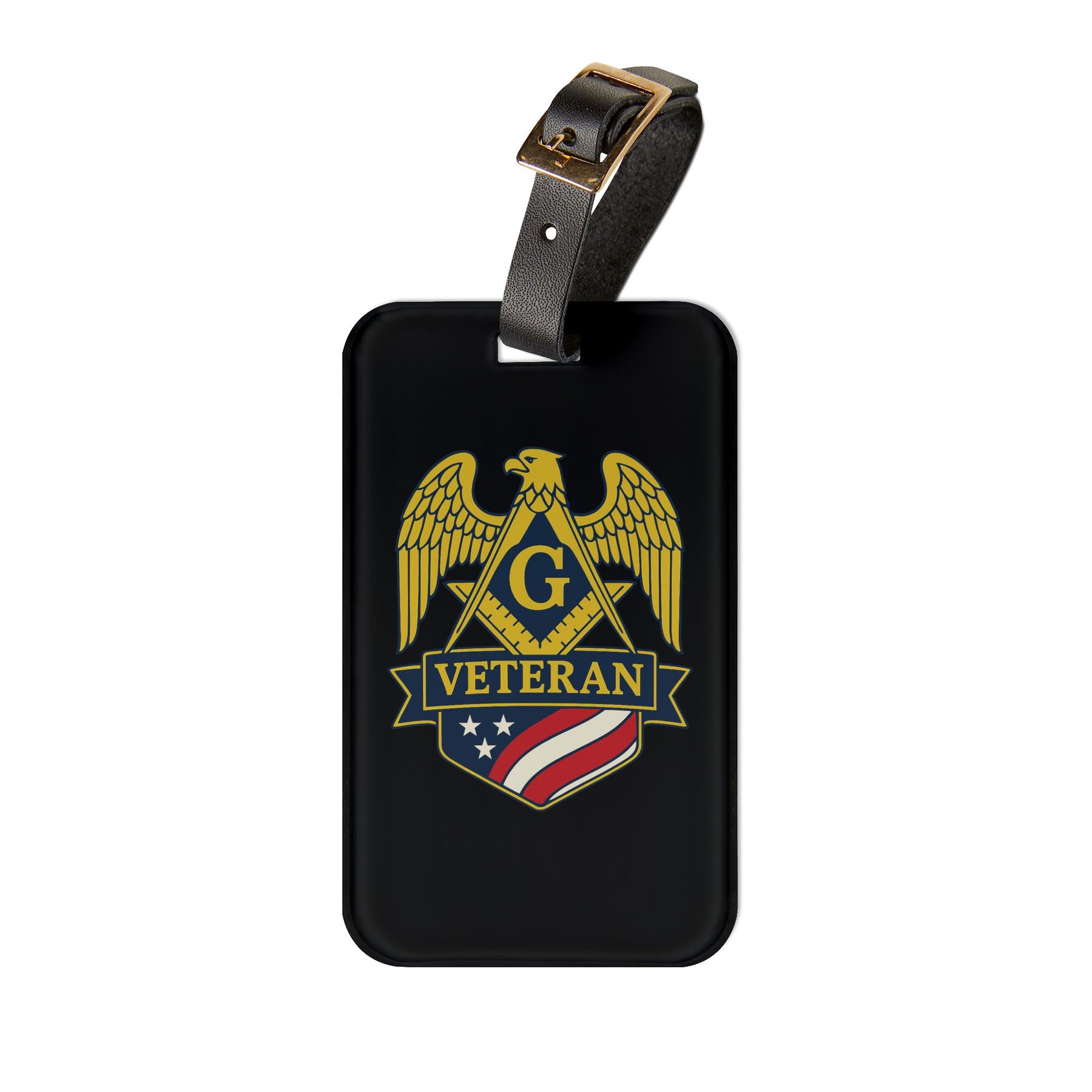 Master Mason Blue Lodge Luggage Tag - Black Veteran Mason With Black Leather Strap - Bricks Masons