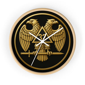 32nd Degree Scottish Rite Clock - Double Headed Eagle Emblem on Wood Frame - Bricks Masons