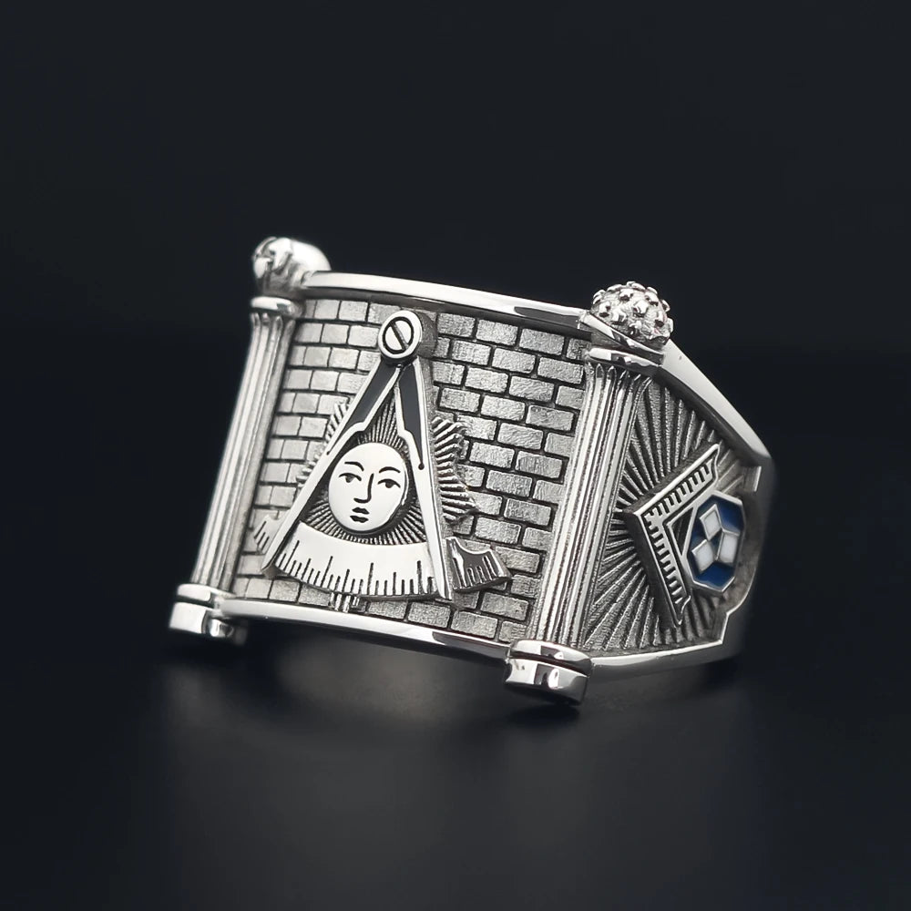Past Master Blue Lodge Ring - Quadrant & Compass Sun with Twin Pillars Sterling Silver - Bricks Masons