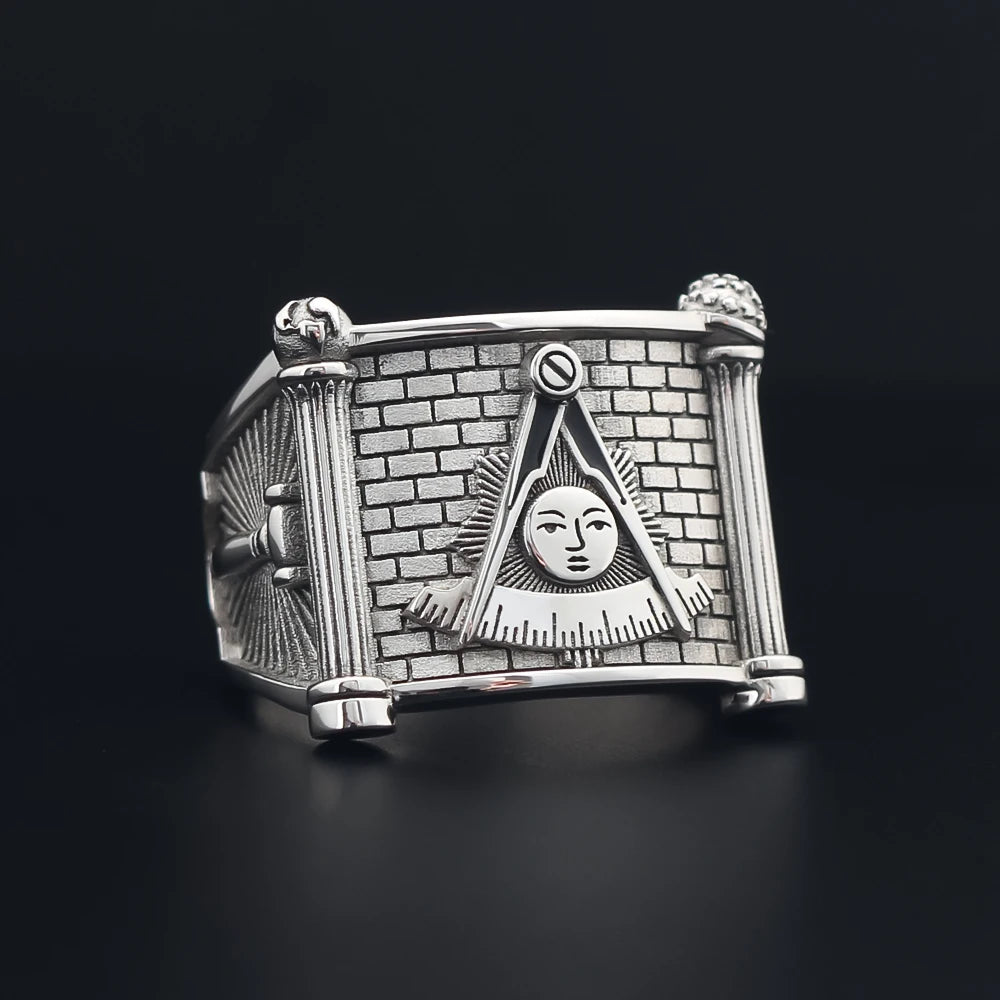 Past Master Blue Lodge Ring - Quadrant & Compass Sun with Twin Pillars Sterling Silver - Bricks Masons