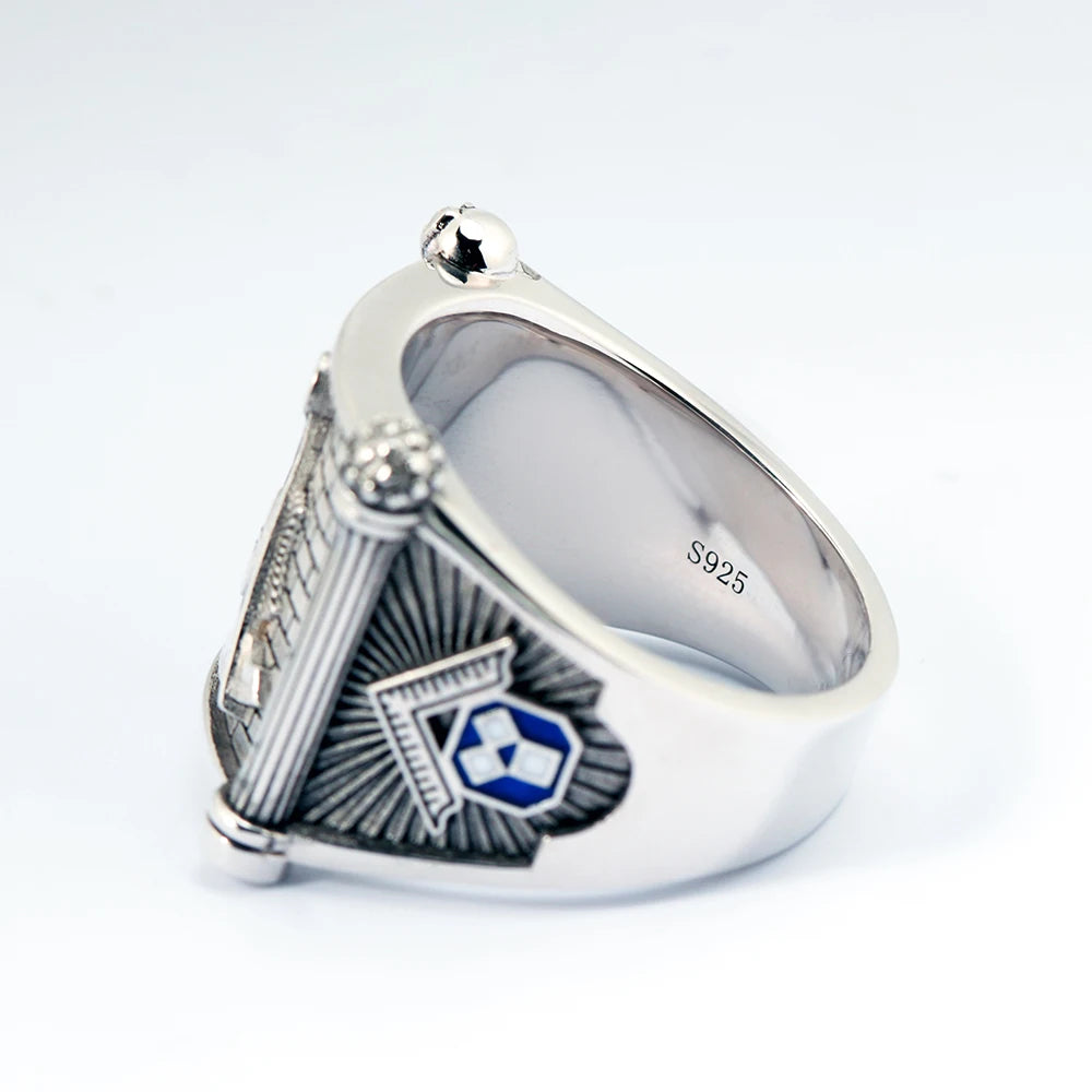 Past Master Blue Lodge Ring - Quadrant & Compass Sun with Twin Pillars Sterling Silver - Bricks Masons