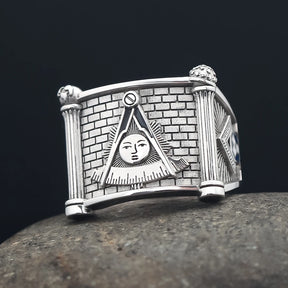 Past Master Blue Lodge Ring - Quadrant & Compass Sun with Twin Pillars Sterling Silver - Bricks Masons