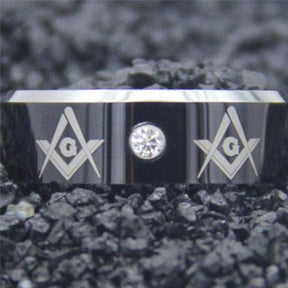 Master Mason Blue Lodge Ring - Black Silver Bevel With CZ Stone