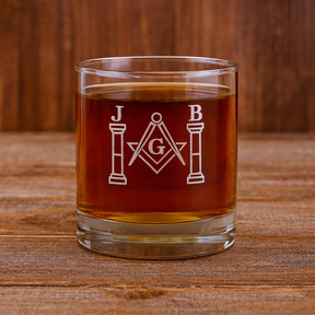 Master Mason Blue Lodge Whiskey Glass - Square & Compass G with J&B Pillars