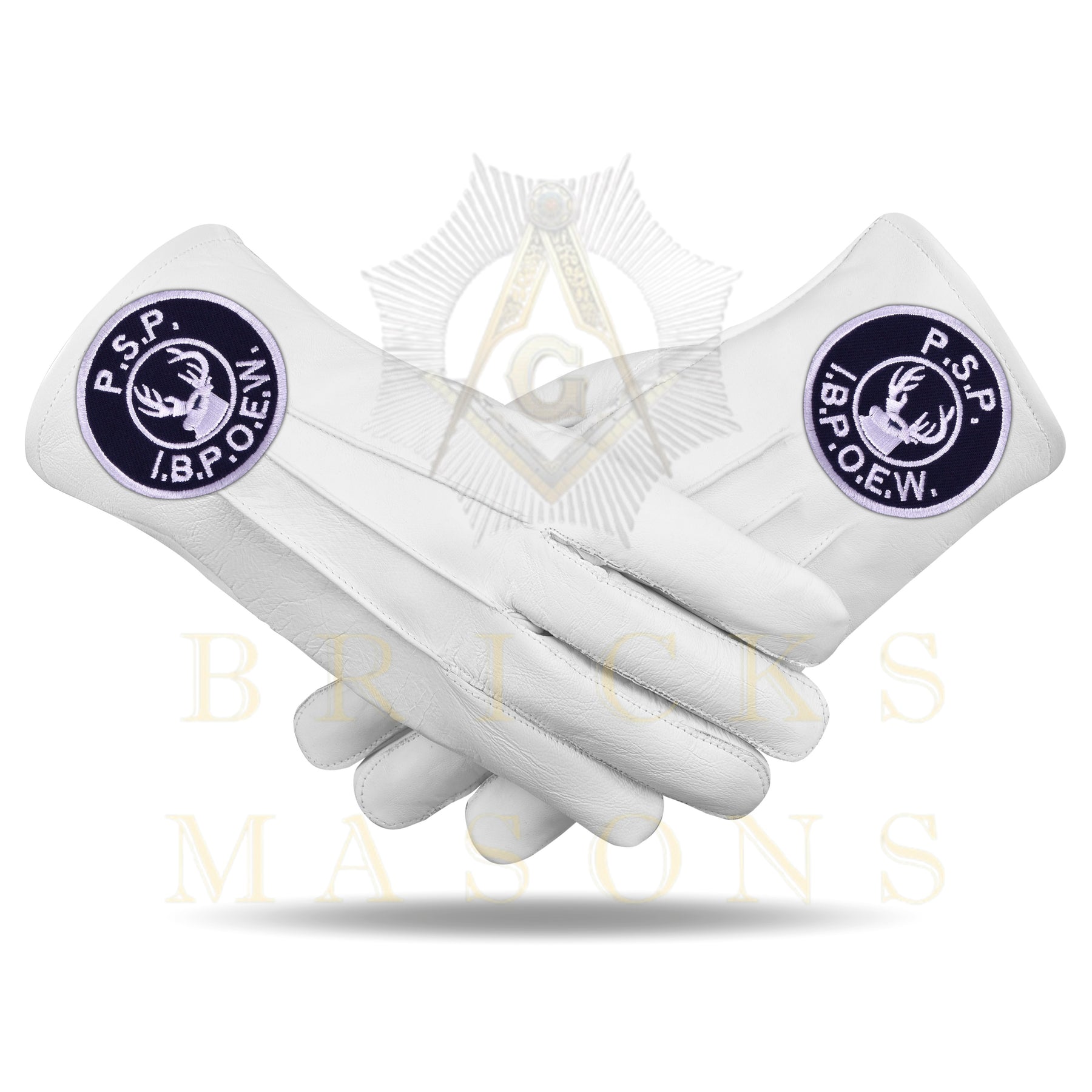 Past State President Elks of the World Gloves - White Leather - Bricks Masons