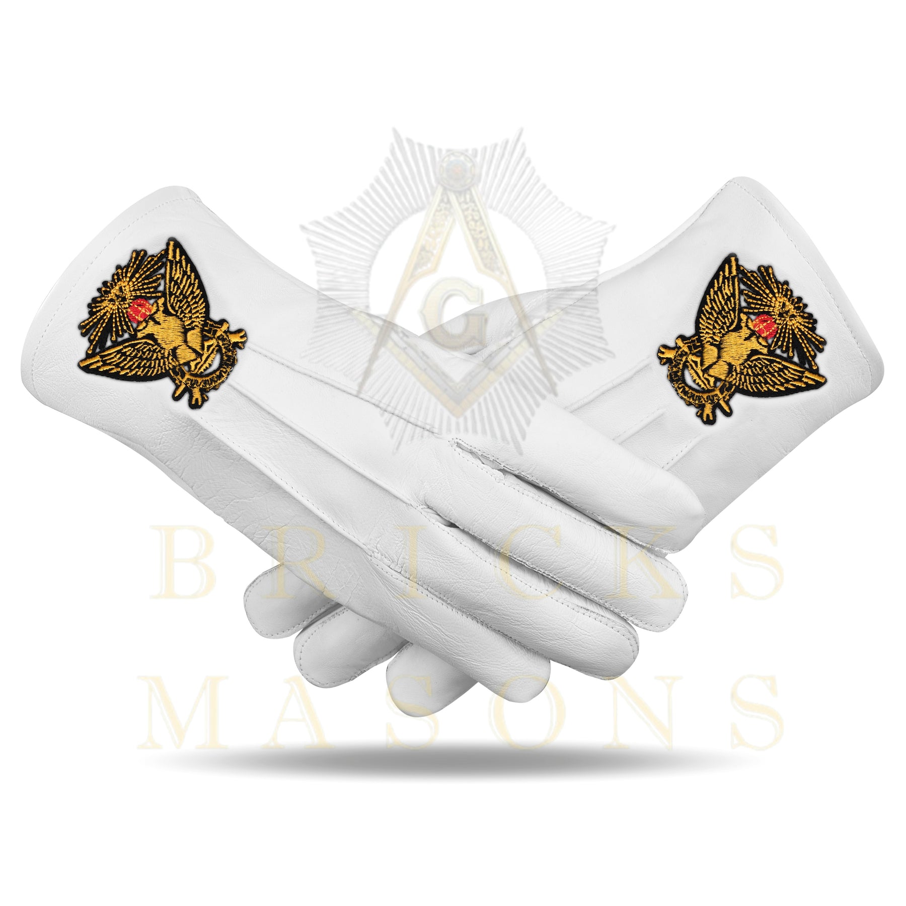 33rd Degree Scottish Rite Gloves -  White Leather Eagle Wings Up Patch - Bricks Masons