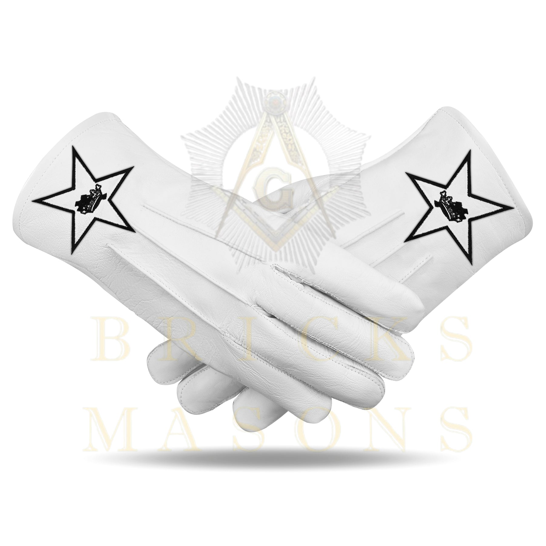 Lady Knights HoTC Gloves - White Leather Black Star Cross & Crown - Bricks Masons