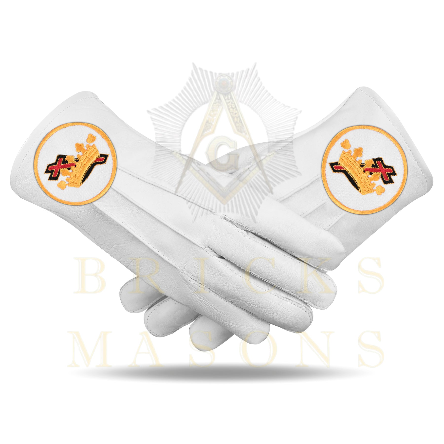 Lady Knights HoTC Gloves - White Leather Cross & Crown Emblem - Bricks Masons