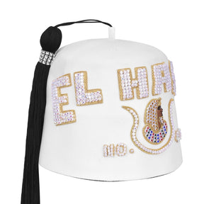 DOI PHA Fez Hat - Pure White & Gold Embroidery With Rhinestones (3 Rows as pictured)