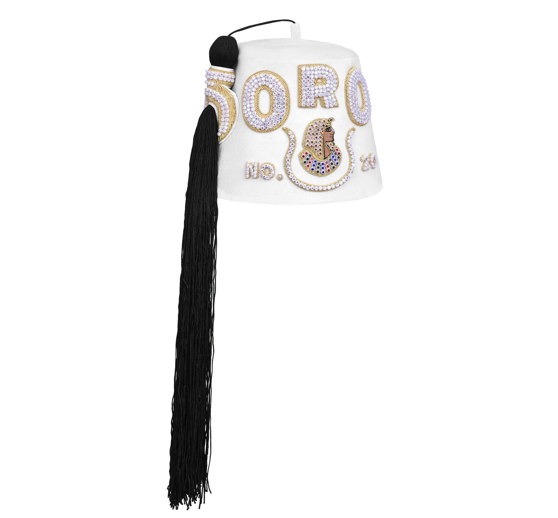 DOI Fez Hat - Pure White & Gold With Rhinestones (3 Rows as pictured) - Bricks Masons