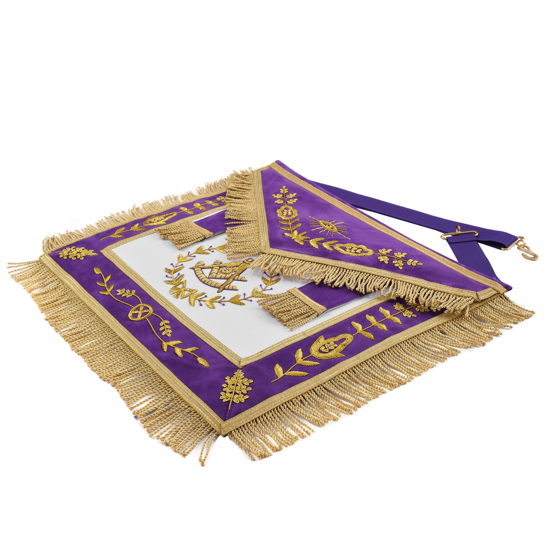 Past Master Blue Lodge California Regulation Apron - Purple Velvet Gold Bullion With Wreath & Golden Fringe