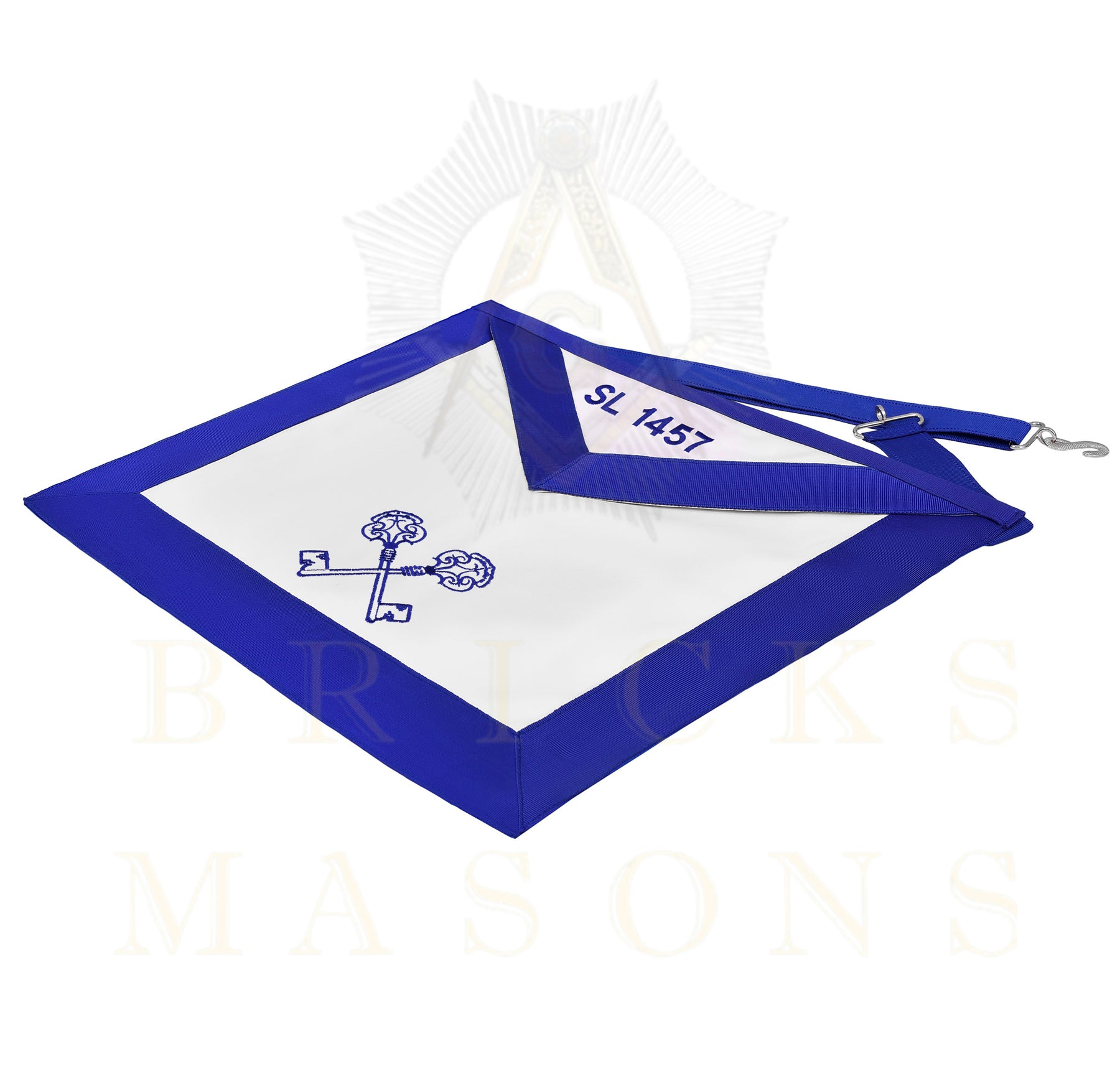 Treasurer Blue Lodge Officer Apron - Blue Ribbon With Machine Embroidery Customizable Flap - Bricks Masons