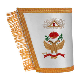 33rd Degree Scottish Rite Cuff - White Silk with Machine Embroidery Bullion - Bricks Masons