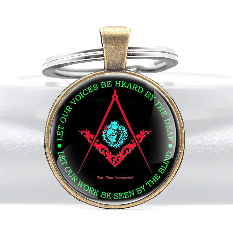 Master Mason Blue Lodge Keychain - Let Our Voices Be Heard By The Deaf Blind Design Glass Cabochon - Bricks Masons