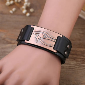 Ancient Egypt Bracelet - Black Genuine Leather With Zinc Alloy Charm - Bricks Masons