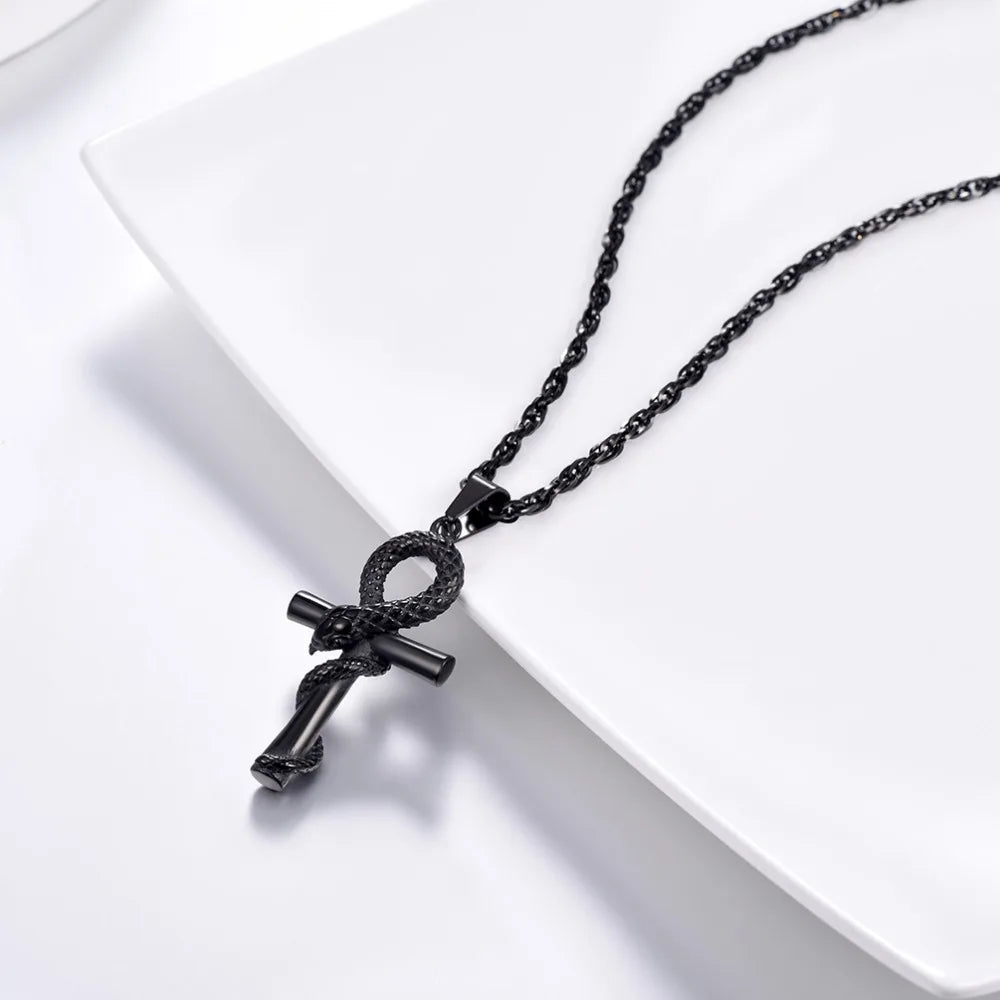 Ancient Egypt Necklace - Ankh Cross With Snake Pendant Stainless Steel - Bricks Masons