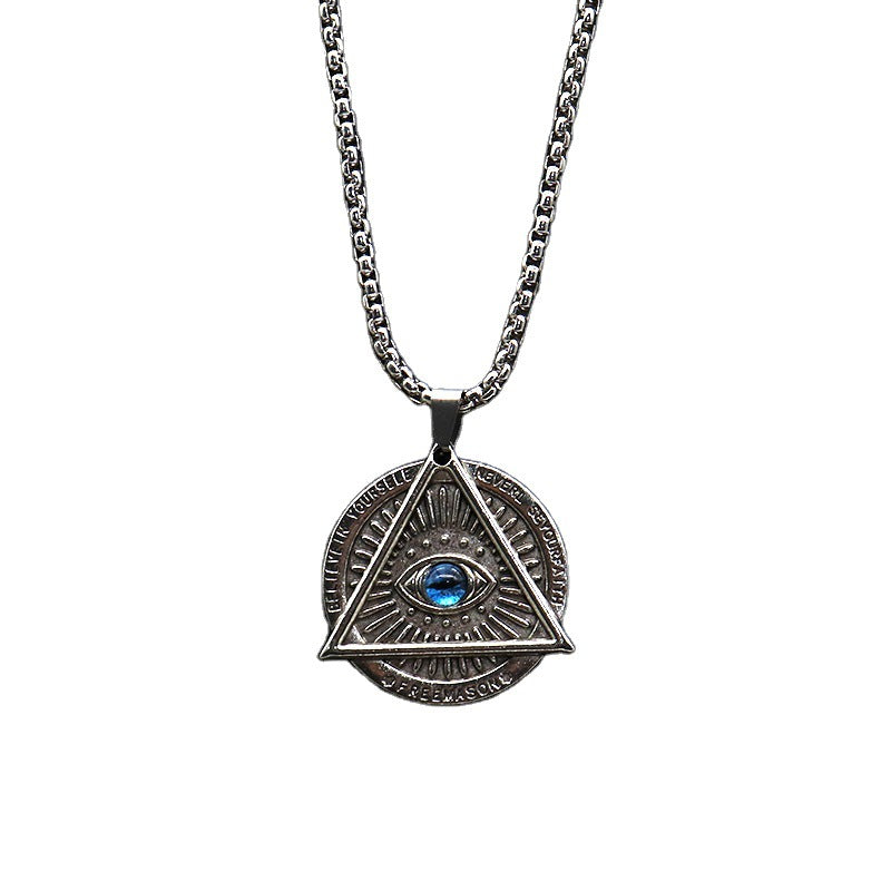 Eye Of Providence Necklace - Silver Rope Chain With Blue Eye Pendant - Bricks Masons