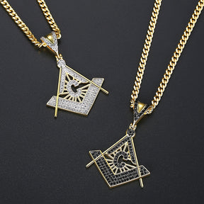 Master Mason Blue Lodge Necklace - Gold & White Copper Zircon With Rhinestones - Bricks Masons