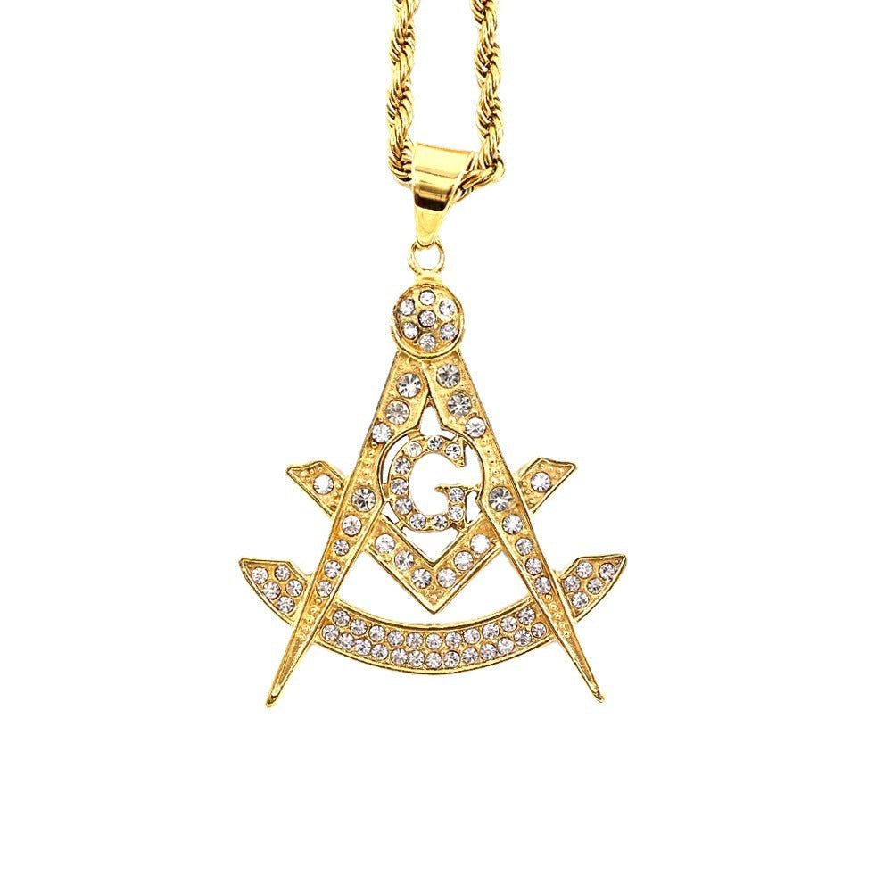 Past Master Blue Lodge Necklace - Quadrant & Square Gold Metal with rhinestones