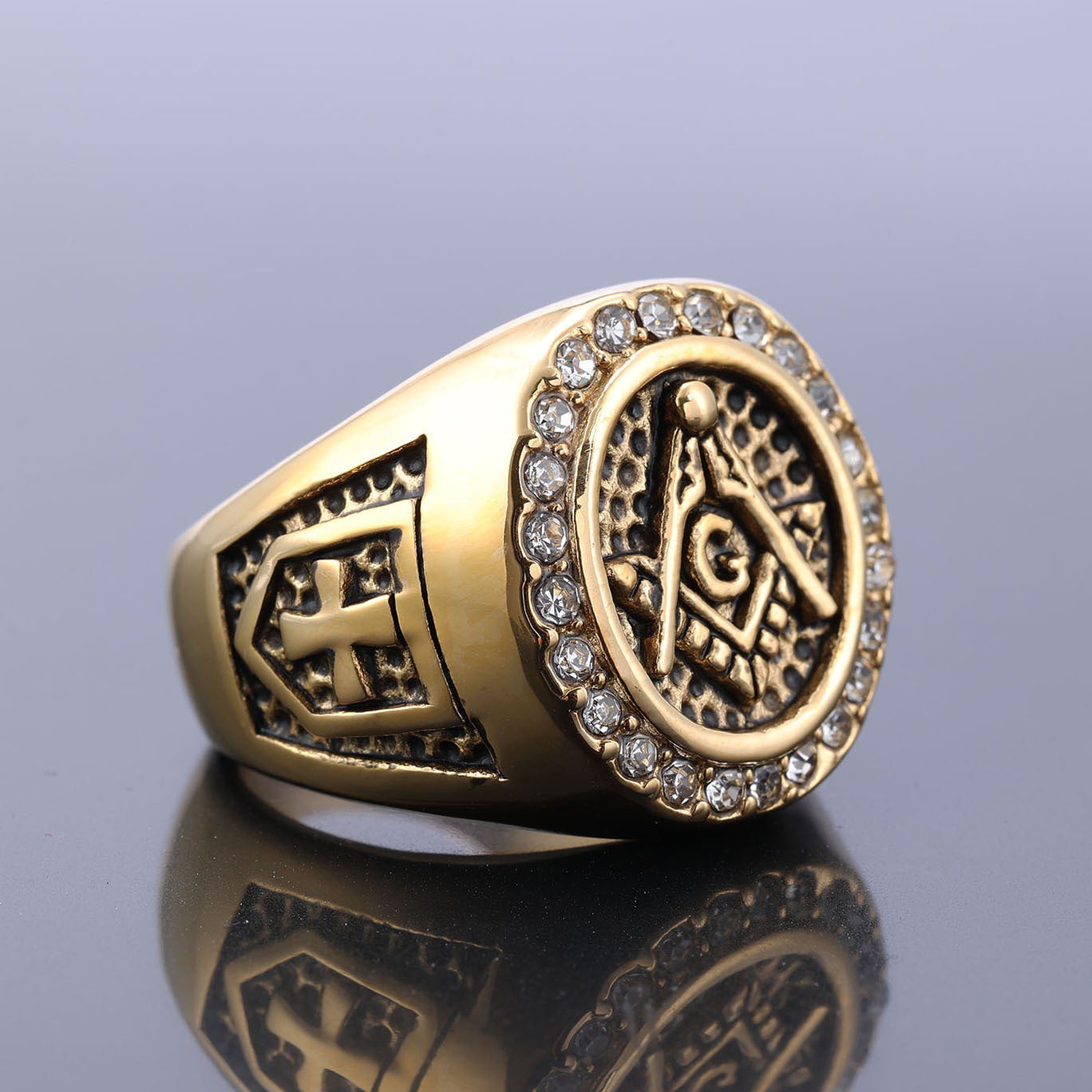 Master Mason Blue Lodge Ring - Black and Gold Zirconia Square & Compass G - Bricks Masons