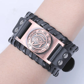 Vintage Leather Bracelet Wide Face Ancient Egyptian Horus Eye Metal Belt Men's Adjustable Woven Bangle Couple Party Jewelry - Bricks Masons