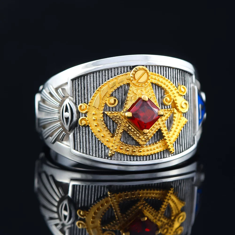 Master Mason Blue Lodge Ring - Sterling Silver Red Rhinestone - Bricks Masons