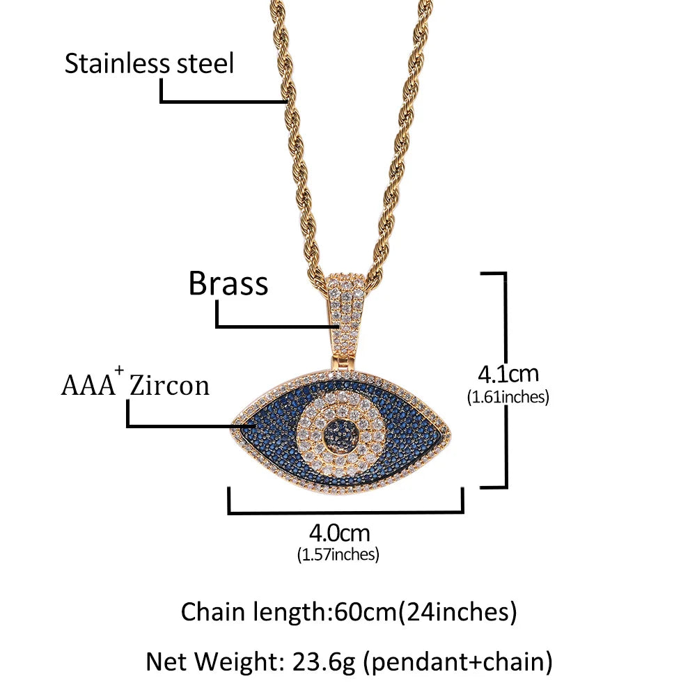 Eye Of Providence Necklaces - Uwin Blue Eyes Pendant Evil Iced Out Blue White Cubic Zirconia - Bricks Masons