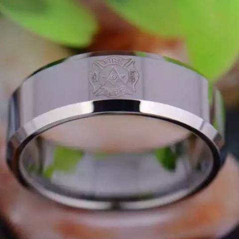 Firefighter Ring - Silver Beveled Tungsten Personalizable - Bricks Masons