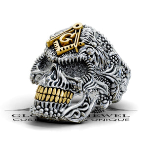 Master Mason Blue Lodge Ring - Skull Square & Compass G Various Materials - Bricks Masons
