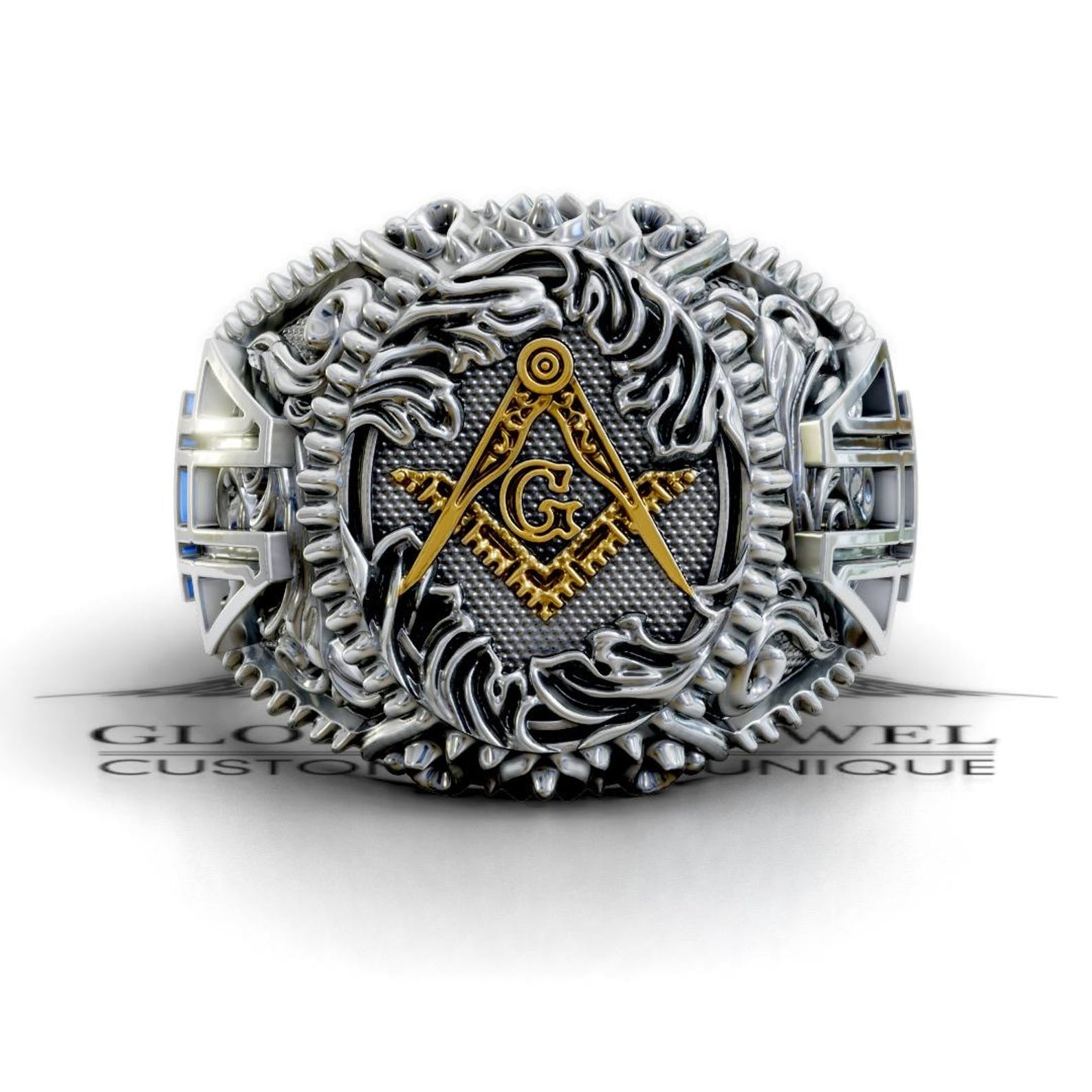 Master Mason Blue Lodge Ring - Square & Compass G Various Tones - Bricks Masons
