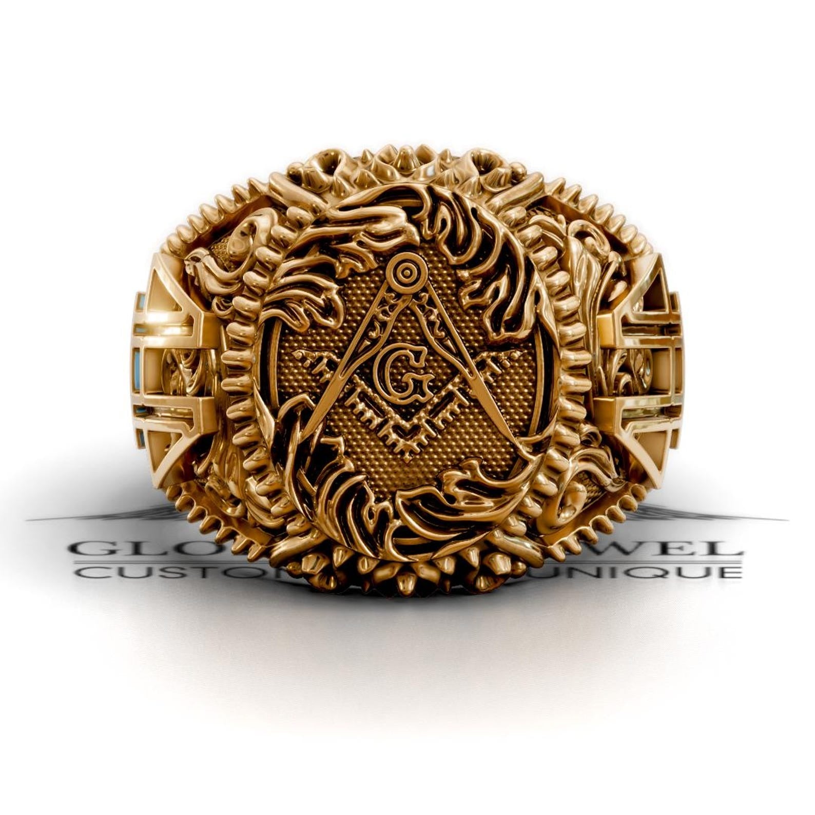 Master Mason Blue Lodge Ring - Square & Compass G Various Tones - Bricks Masons