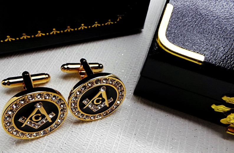 Master Mason Blue Lodge Cufflinks - Gold Crystal Luxury Set - Bricks Masons