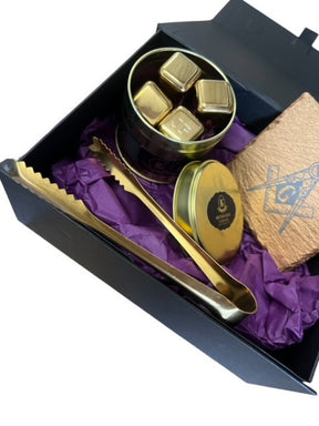 Master Mason Blue Lodge Reusable Ice Cubes - Gold Tongs Slate Coaster 6 Piece Gift Set - Bricks Masons