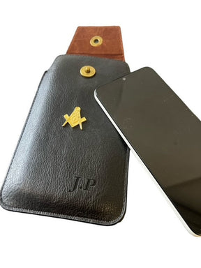 Master Mason Blue Lodge Phone Case - Leather Black case Engraved Belt Loop - Bricks Masons