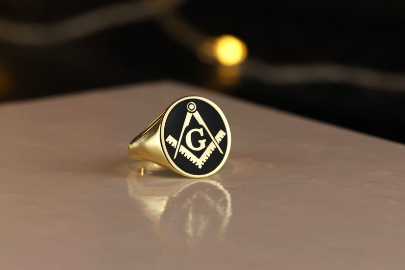 Master Mason Blue Lodge Ring - Gold With Black Enamel 9K to 18k Solid Gold - Bricks Masons