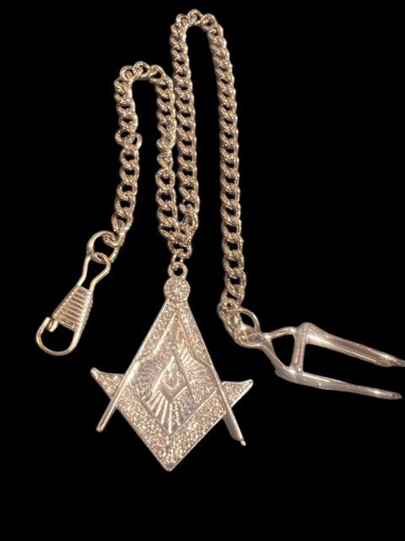 Master Mason Blue Lodge Pocket Watch Chain - Silver and Crystal - Bricks Masons