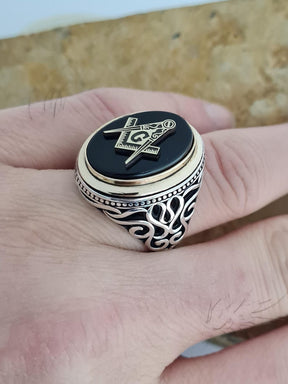 Master Mason Blue Lodge Ring - Sterling Silver Onyx - Bricks Masons