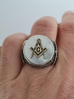 Master Mason Blue Lodge Ring - Handmade Sterling Silver Mother of Pearl - Bricks Masons