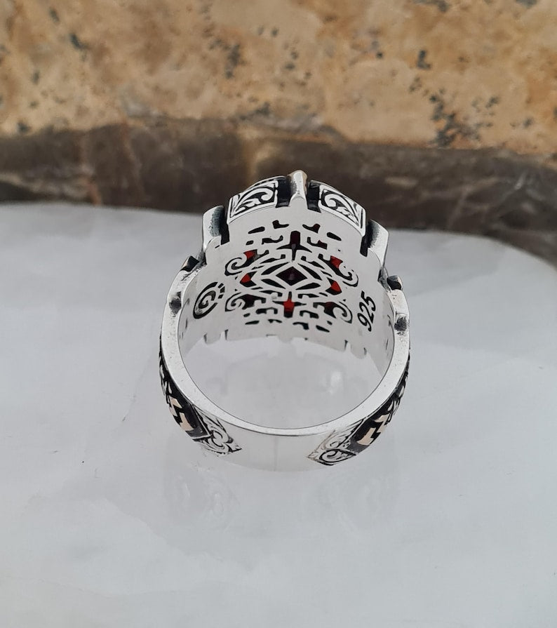 Master Mason Blue Lodge Ring - Garnet Zircon Compass & Square - Bricks Masons