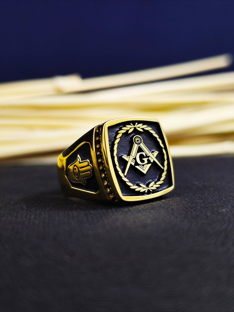 Master Mason Blue Lodge Ring - Gold & Black Square & Compass G With Wreath - Bricks Masons
