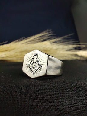 Master Mason Blue Lodge Ring - Matte Oxidized Signet Personalized Engraving - Bricks Masons