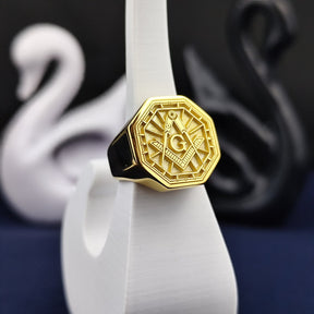 Master Mason Blue Lodge Ring - Octagon Gold Plated S & C With G Customizable - Bricks Masons