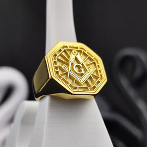 Master Mason Blue Lodge Ring - Octagon Gold Plated S & C With G Customizable - Bricks Masons