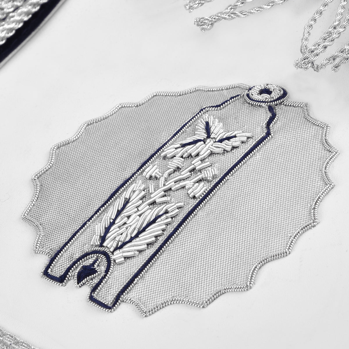 Junior Warden Blue Lodge Officer Apron - Dark Blue With Silver Hand Embroidery Bullion - Bricks Masons