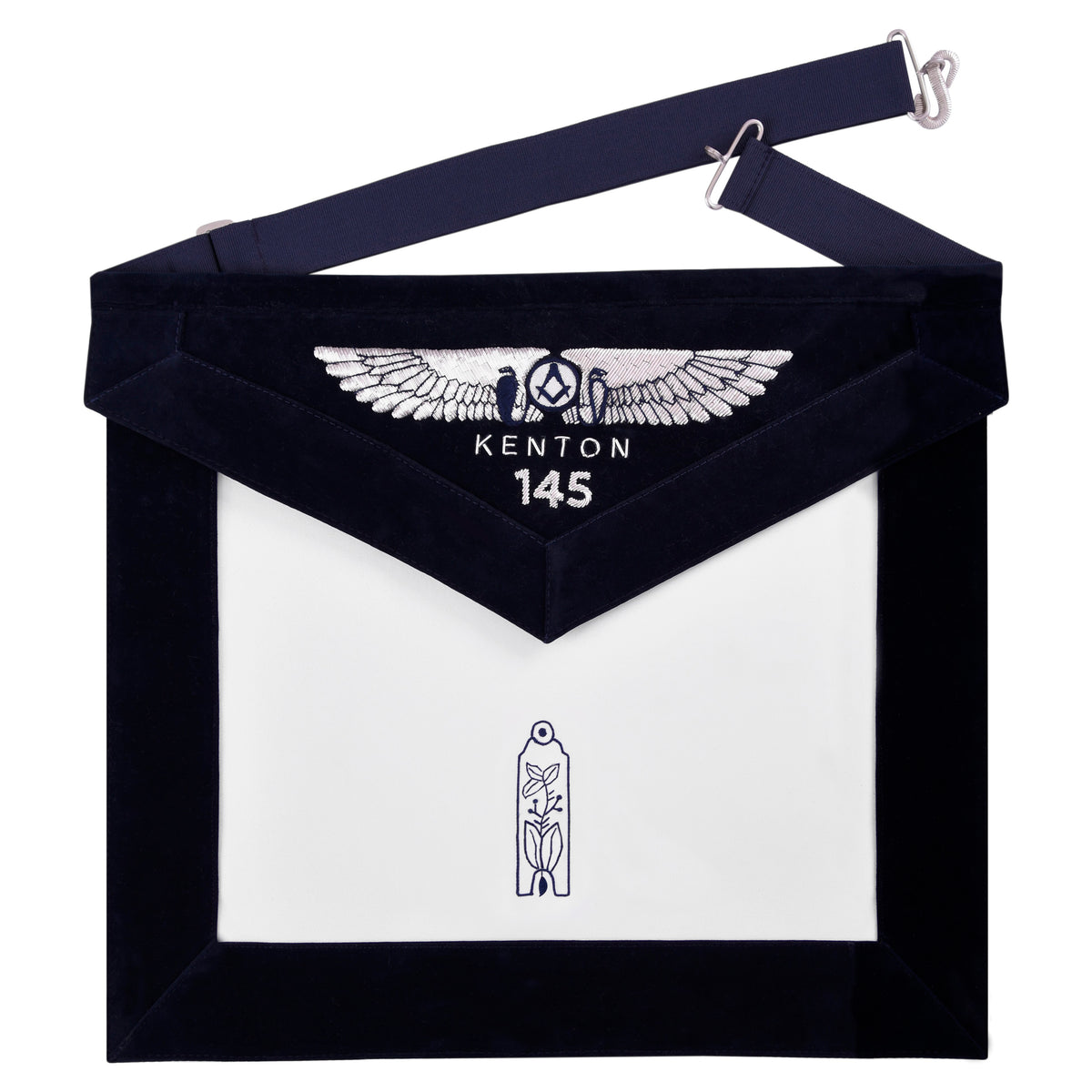 Junior Warden Blue Lodge Officer Apron - Kenton Lodge Navy Velvet With Silver Embroidery Thread - Bricks Masons