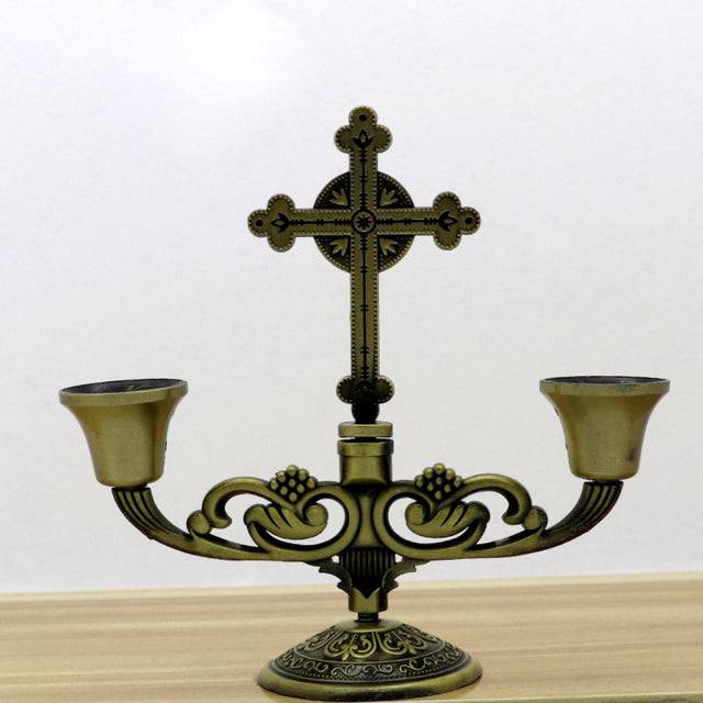 Knights Templar Candle Holder - 5" triple Retro Metal Bronze/Red/Silver - Bricks Masons