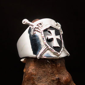 Knights Templar Ring - Black Shield Cross Sterling Silver - Bricks Masons
